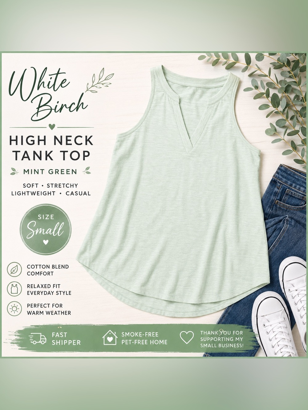White Birch Mint Green Sleeveless High Neck Tank Top Cotton Stretch Size Small